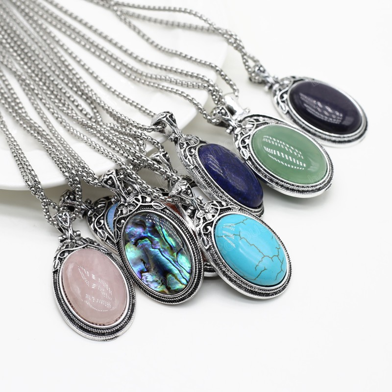 Oval Natural Stone Pendant Necklace Abalone Shell Agate Opal Link Chains Healing Crystals Stone Necklace For Women Jewelry
