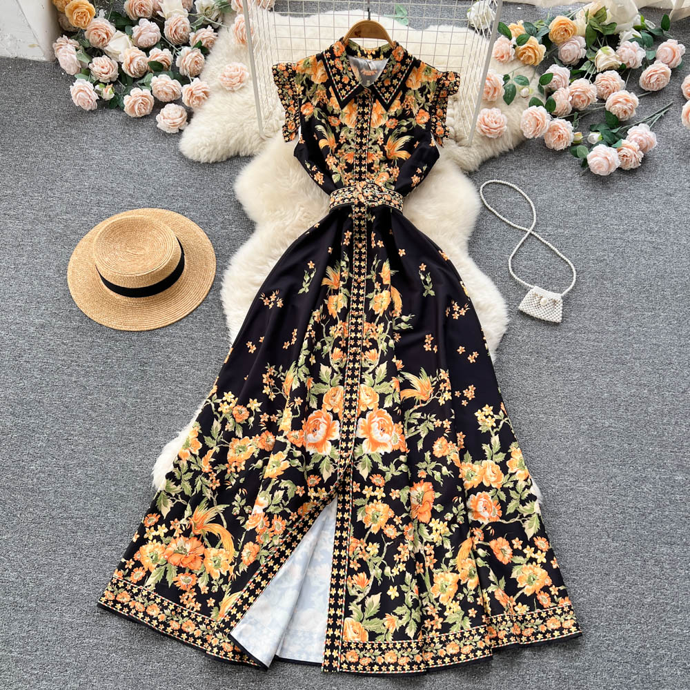 Summer Casual Women New Palace Style High Waist Suspenders Cake Dress Mid-length Print Runway Party Dresses 2023