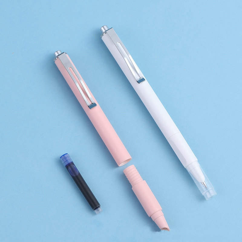 Solid Plastic Nib Hidden Press Fountain Pen with Metal Clip Student Practice Writing Smooth Nurse Interchangeable Cartridges Ink Retractable Calligraphy Pens