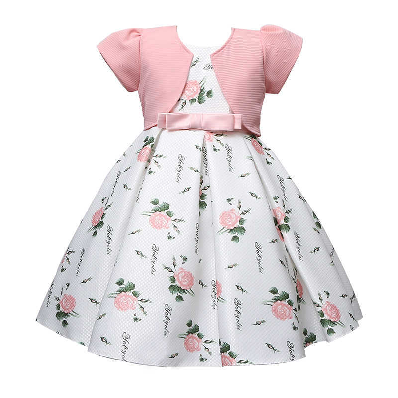 Sukienki dziewczynki Outong dla dziewcząt mały płaszcz Bow Bow Floral Print 5 6 7 9 lat Vestido Infantil Menina Sukienka dla dziewcząt Zestaw W0314