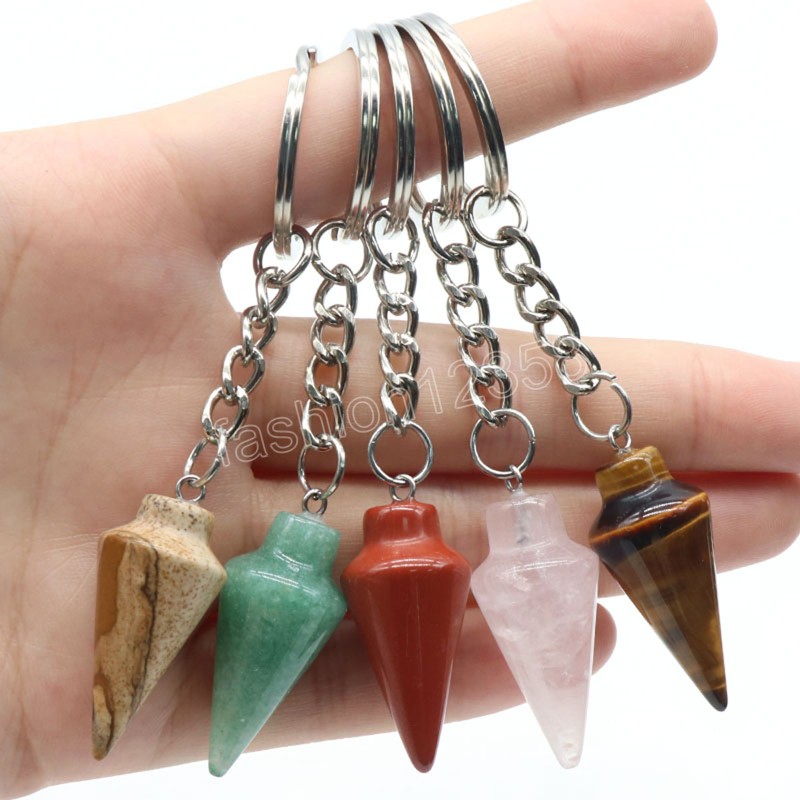 Natural Crystal Stone Keychain Stainless Steel Crystal KeyChain Handbag Decor Keychain Cone Pendant Accessory