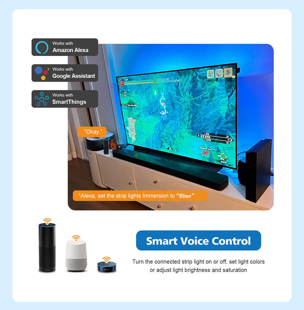 Strisce LED Smart Ambient TV Retroilluminazione a LED 4K HDMI 2.0 Scatola di sincronizzazione del dispositivo Kit luci di striscia LED Wifi Alexa Voice Controllo Assistente Google P230315