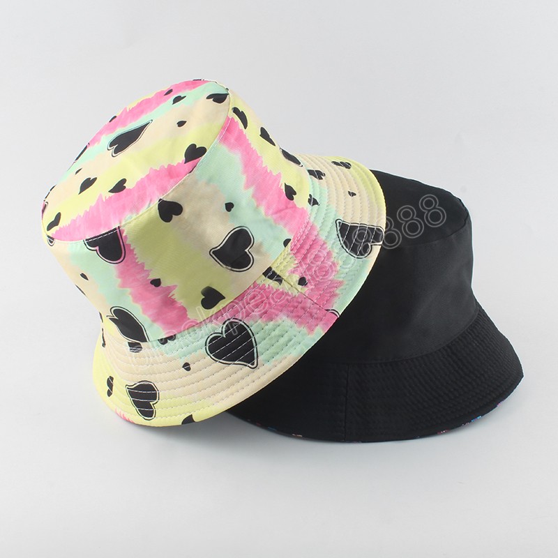 Vår sommar hink hattar slips färgämne hjärttryck reversibel fiskare hatt unisex mode panama strand fiske sol mössa