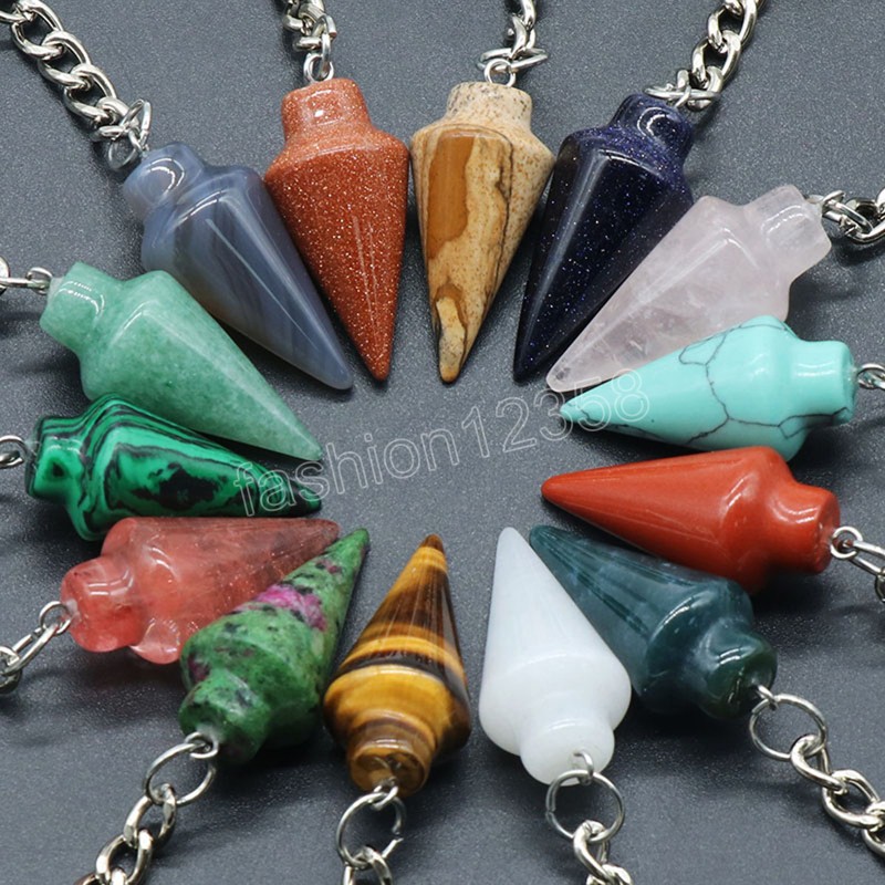 Natural Crystal Stone Keychain Stainless Steel Crystal KeyChain Handbag Decor Keychain Cone Pendant Accessory