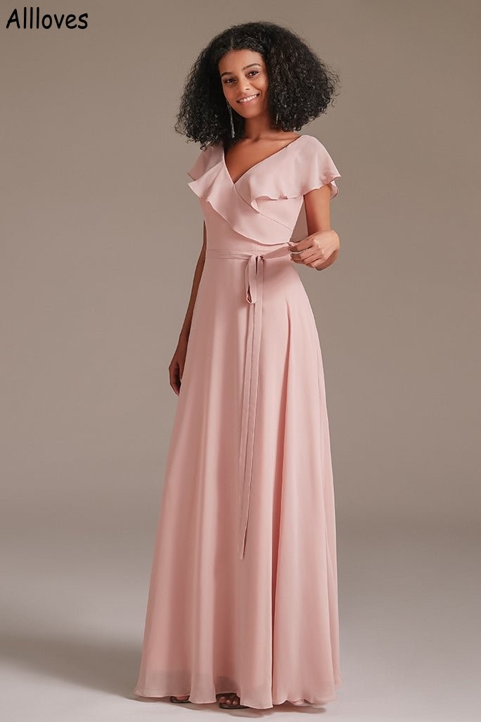 Blush rose une ligne robes de demoiselle d'honneur en mousseline de soie avec manches courtes col en V volants élégante demoiselle d'honneur robes sexy dos nu jeune fille mariage invité robe de soirée CL2034