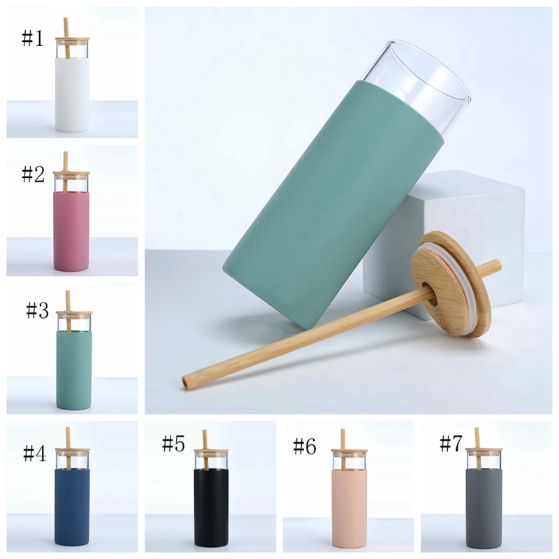 Glass Tumbler Single Layers Glass Water Bottle With Bamboo Lid Straw Silicone Sleeve Tumblers Dining Drinkware Logo Customize Cup YG1239