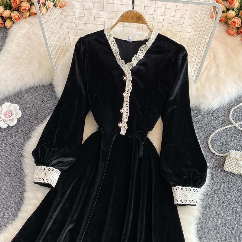 New Autumn Vintage Casual Dresses Solid Slim Full Lady Dress A Line V Neck Chiffon Pullover Mid-Calf Lantern Sleeve Women Dresses 2023