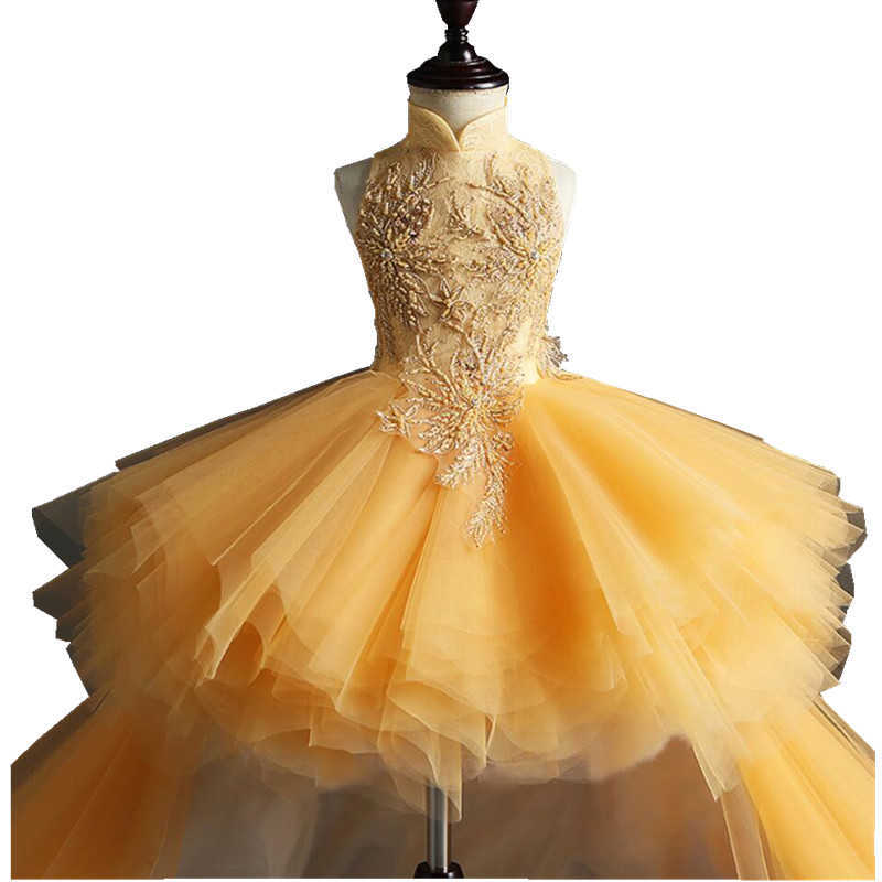 Girl's Dresses Glizt Long Trailing Gold Lace First Communion Dress Beads Tulle Ball Gown Girls Pageant Gown Flower Girl Dress For Weddings