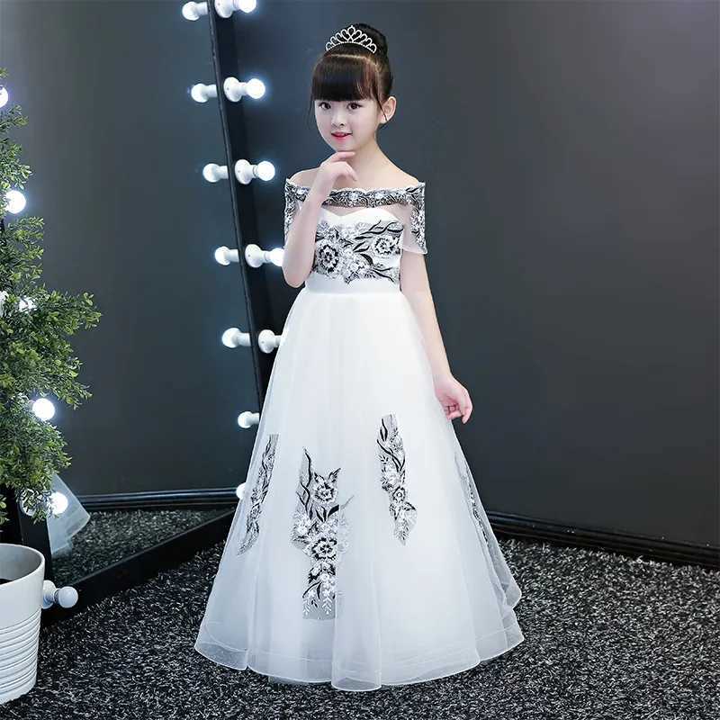 Mädchenkleider KIds Prinzessin Kleid Puffy Garn Kinder Host Abend Weiße Blume kommt für Mädchen 2023 Hochzeit Klavier Performance Frühling W0314