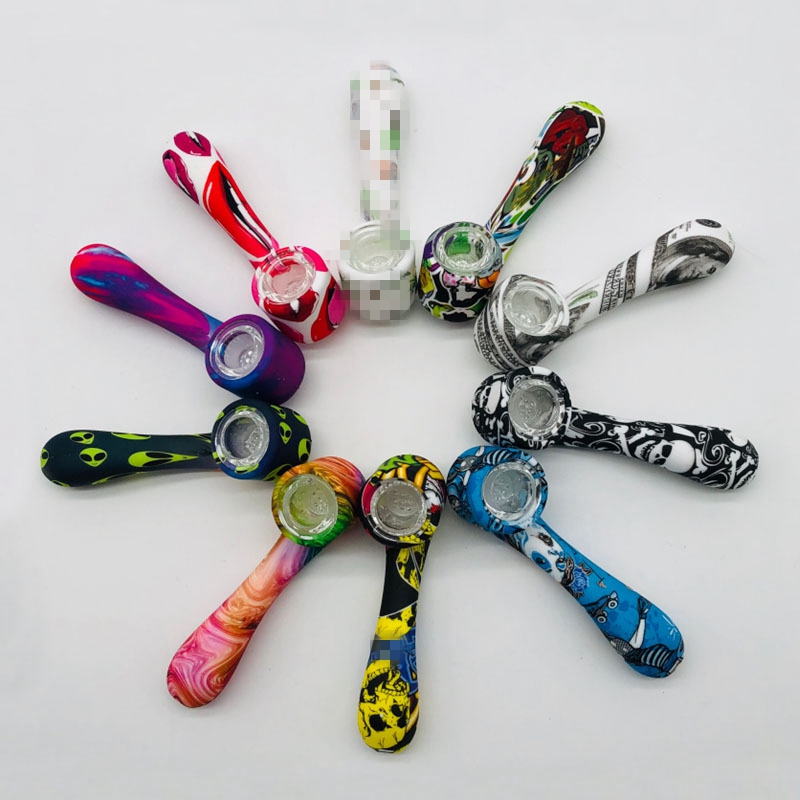 Cool Pattern Coloré Silicone Portable Style Pipes Herb Tabac Oil Rigs Verre Multihole Filtre Bol Handpipes Fumer Cigarette Main Titulaire Tube DHL