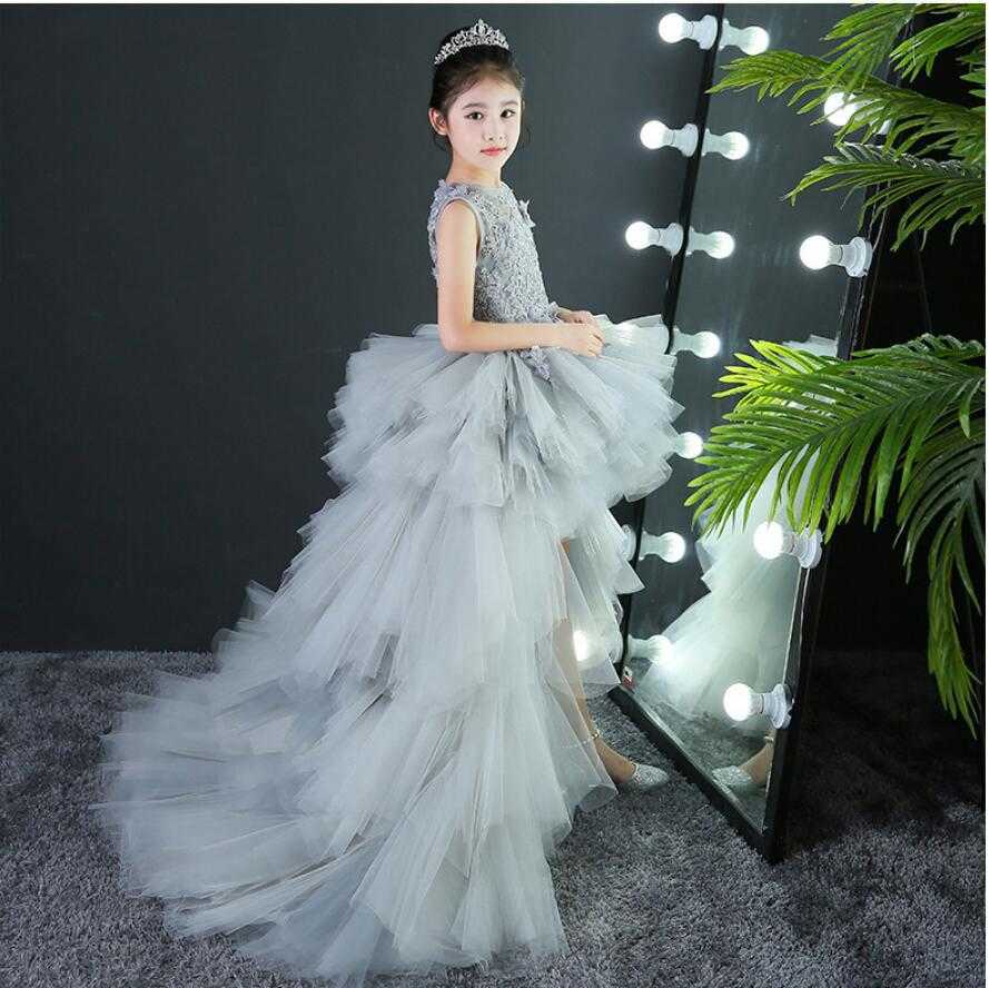 Robes de fille Robes d'enfants Fille Longue traîne Bal Gris Tulle Robes Appliques Dentelle Nouveaux Enfants Graduation Robe Adolescente De Mariage Robe De Demoiselle D'honneur W0314