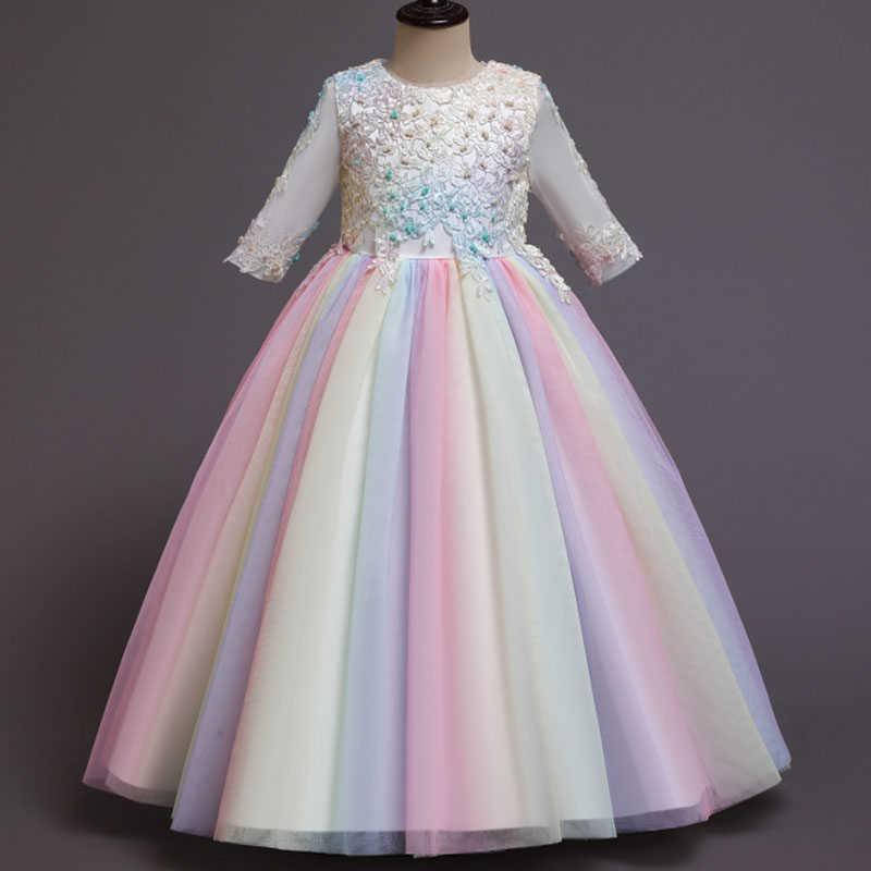 Meisjesjurken zomer roze witte bruidsmeisje jurk kinderkleding voor meisjes kinderen komen prinses feest trouwjurk met lange mouw Vestidos w0314