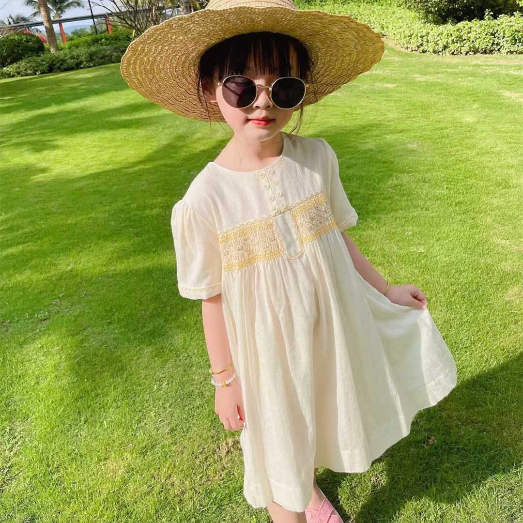 Girl's Dresses Pre-sale sent on March Summer French short-sleeved dress purple rice embroidery hand pleated sweet girl's dress W0314