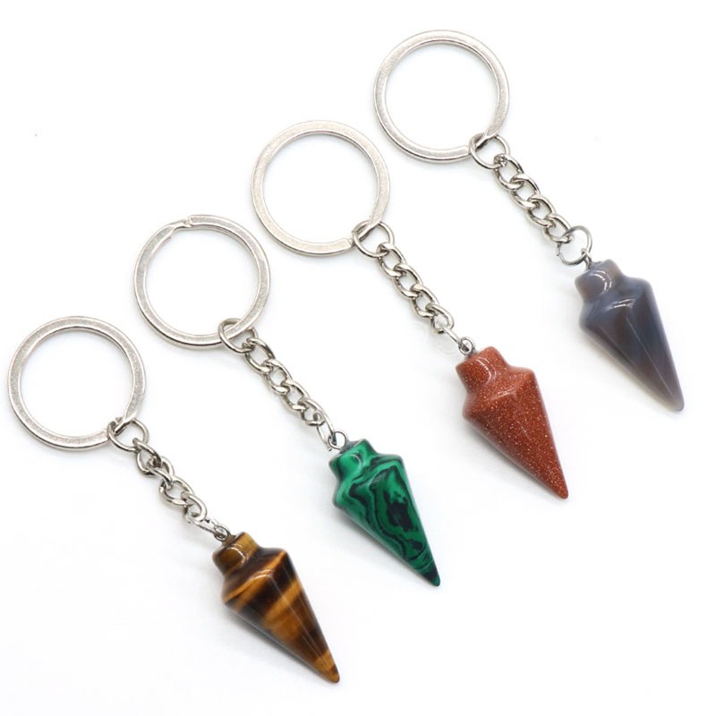 Natural Crystal Stone Keychain Stainless Steel Crystal KeyChain Handbag Decor Keychain Cone Pendant Accessory