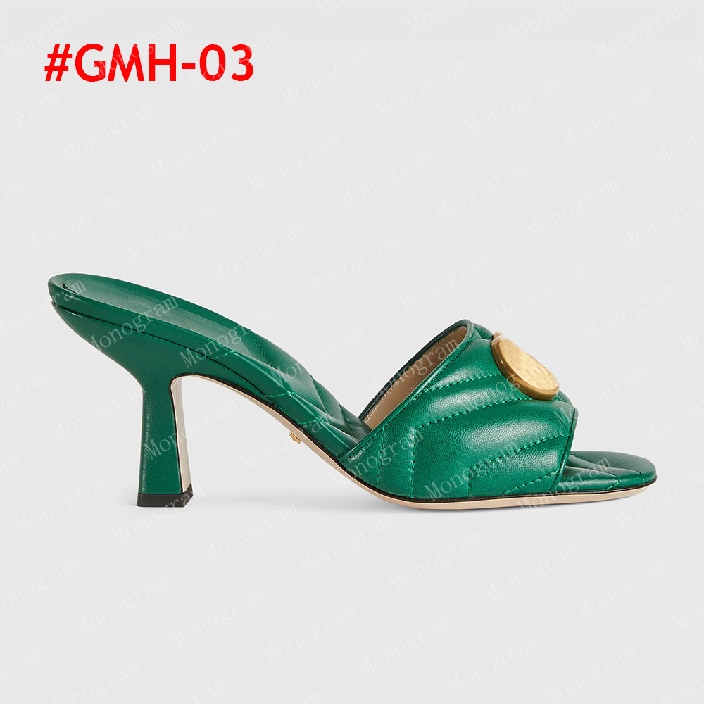 2023 Mid-heel Slide Sandal Women Slippers Double Letters Leather Sandals Slipper Män glider Waterfront Womens 36-42 med låda och dammväska #GMH-01