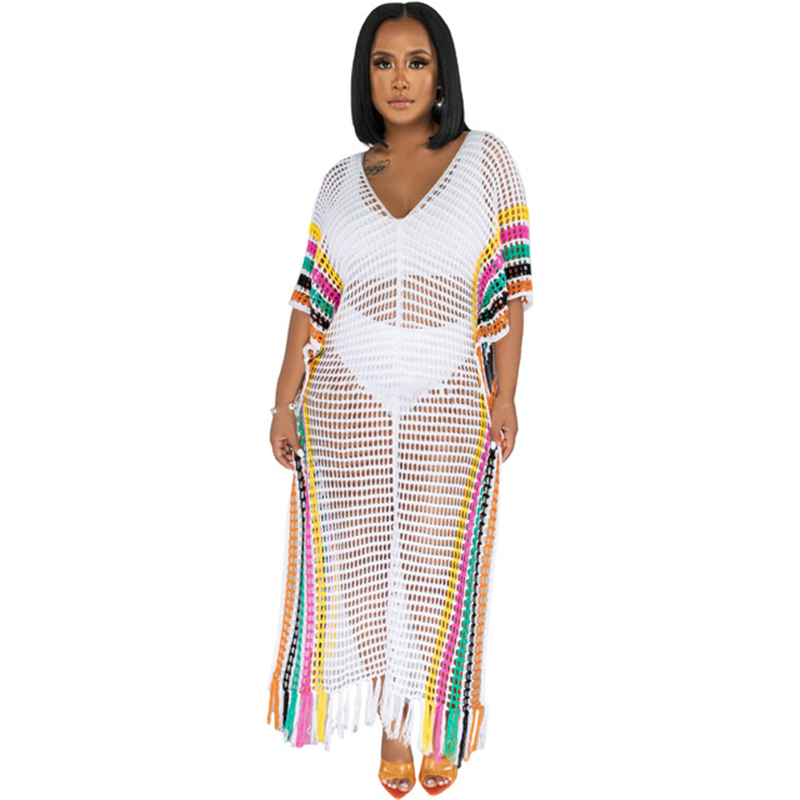 Crochet Beach Dress Women Colorful Knitted Beach Cover Up Transparent Handmade Tassel Patchwork Swimsuit Holiday Bathing Suits