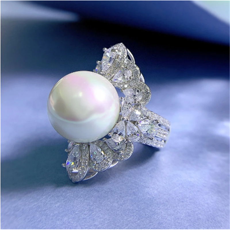 2-en-1 16mm perle diamant bague ensembles 100% réel 925 argent sterling fête alliance bagues pour femmes mariée fiançailles bijoux