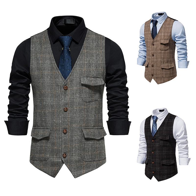 Mens Plaid Tweed Vest Vintage Single-breasted Waistcoat England style Groomsmen Suits Vest For Wedding