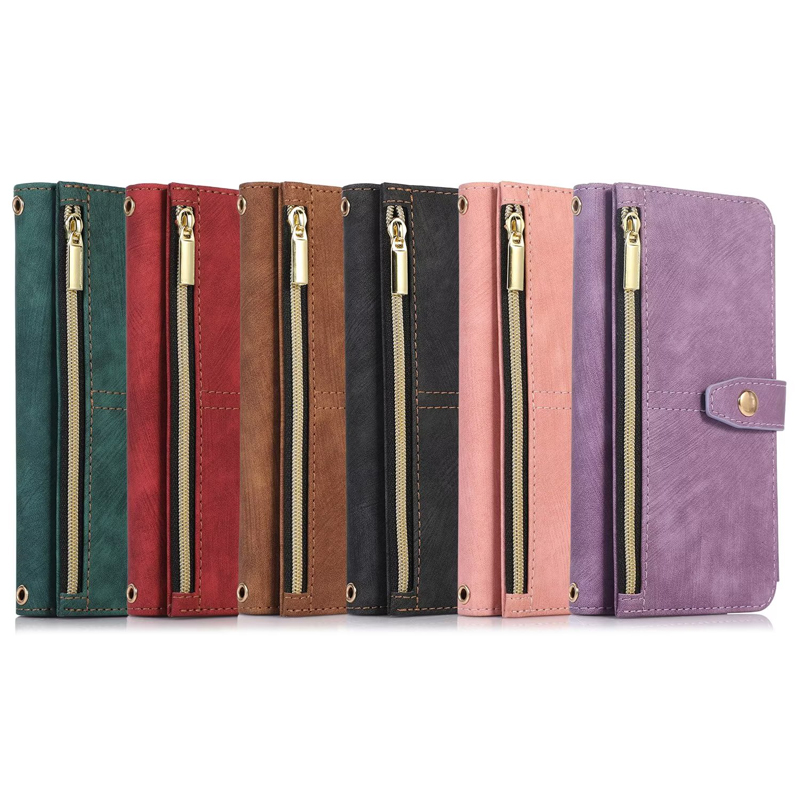 iPhone 14 Pro Max 11 12 13 XS Max 6 7 8 Plus Zipper Pocket Wallet Purse Cover with Card Slot Holder Wrist Strapのフリップレザー携帯電話ケース