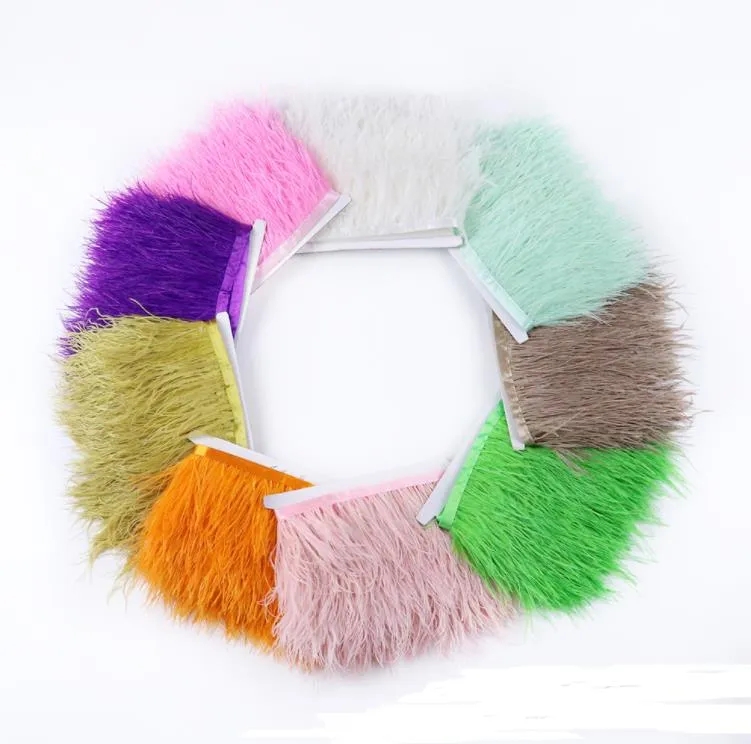 Multicolor Real Ostrich Feather Trims Ribbon White Ostrich trimning fransar för klädkläder Tassel Decoration Syfjädrar Hantverk Många färger 2 meter uppsättning