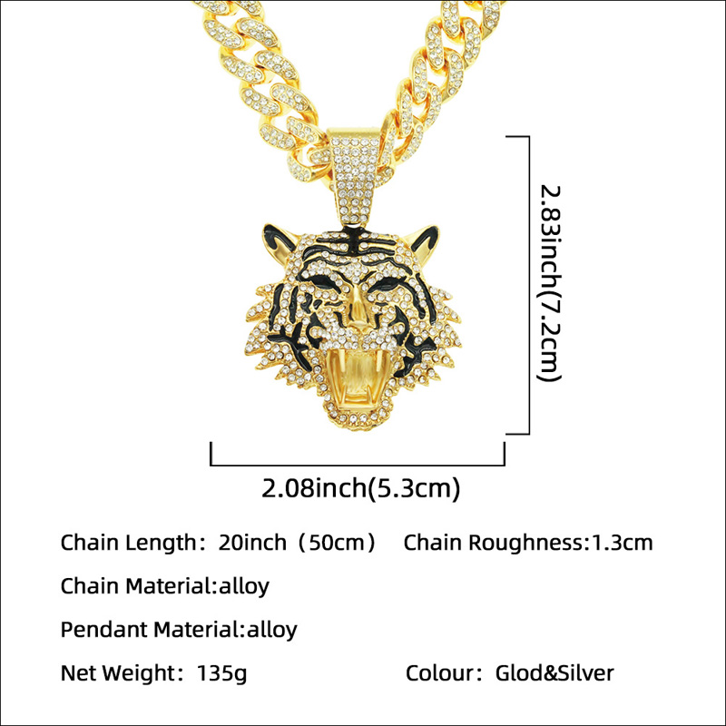 Pingente de cabeça de tigre de hip hop combinando 13mm Miami Cuban Chains Colares Black Oil Drop Bling Jóias para homens e mulheres Rapper Rock Nightclub Iced Out Acessórios