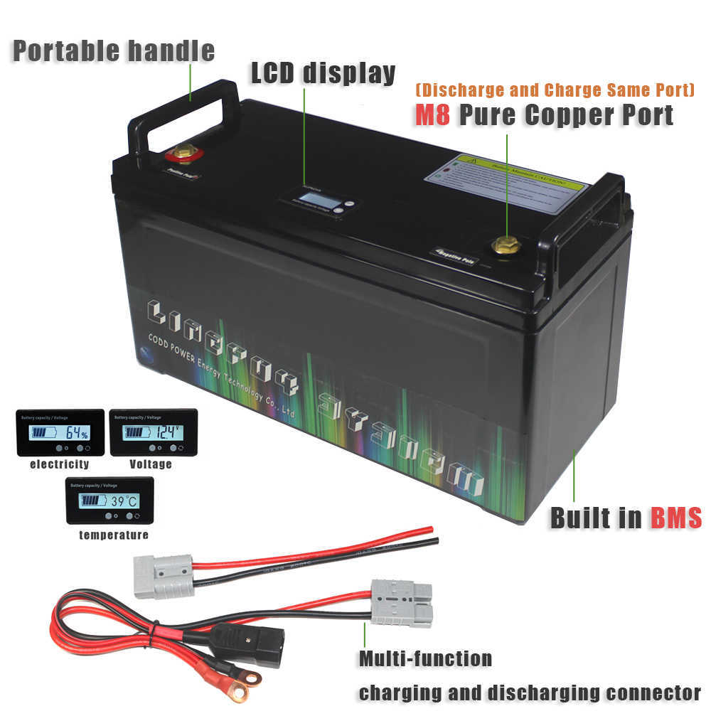 12V 100AH ​​150AH 200AH LIFEPO4 Bateria Bluetooth BMS LCD IP68 RV à prova d'água Forklift Painel solar armazenamento 14.6V Carregador