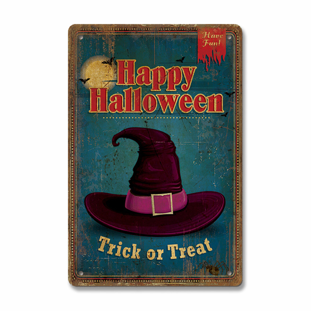 Happy Happy Halloween Poster Vintage Tin Trics Zombie Party Trick или угощайте тыквенную металлическую табличку в ретро -стенах для кафе для кафе паб 30х20 см W03