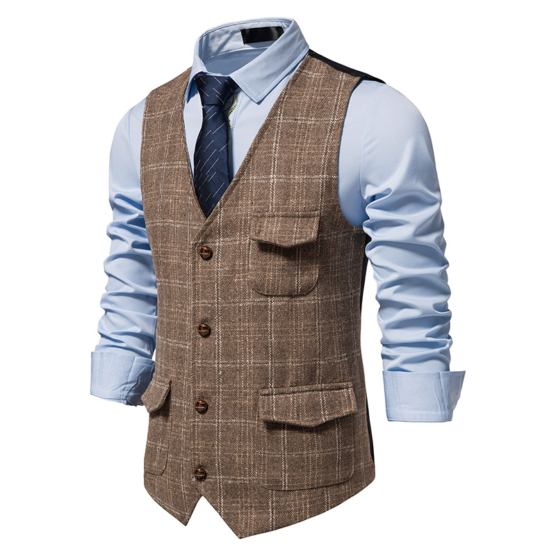 Mens Plaid Tweed Vest Vintage Single-breasted Waistcoat England style Groomsmen Suits Vest For Wedding