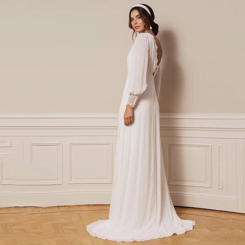 New Wedding Dress Light Luxury Elegant Open Back Long Sleeve Dress FN8468