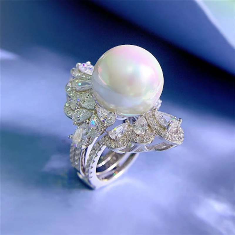 2-en-1 16mm perle diamant bague ensembles 100% réel 925 argent sterling fête alliance bagues pour femmes mariée fiançailles bijoux