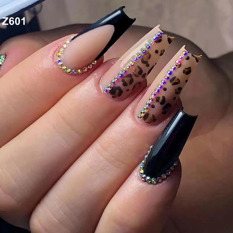 Detachable Pink Long Coffin Press on Nail Full Cover False Nails Wearable Rhinestone Gradiant Ballerina Design Fake Nails