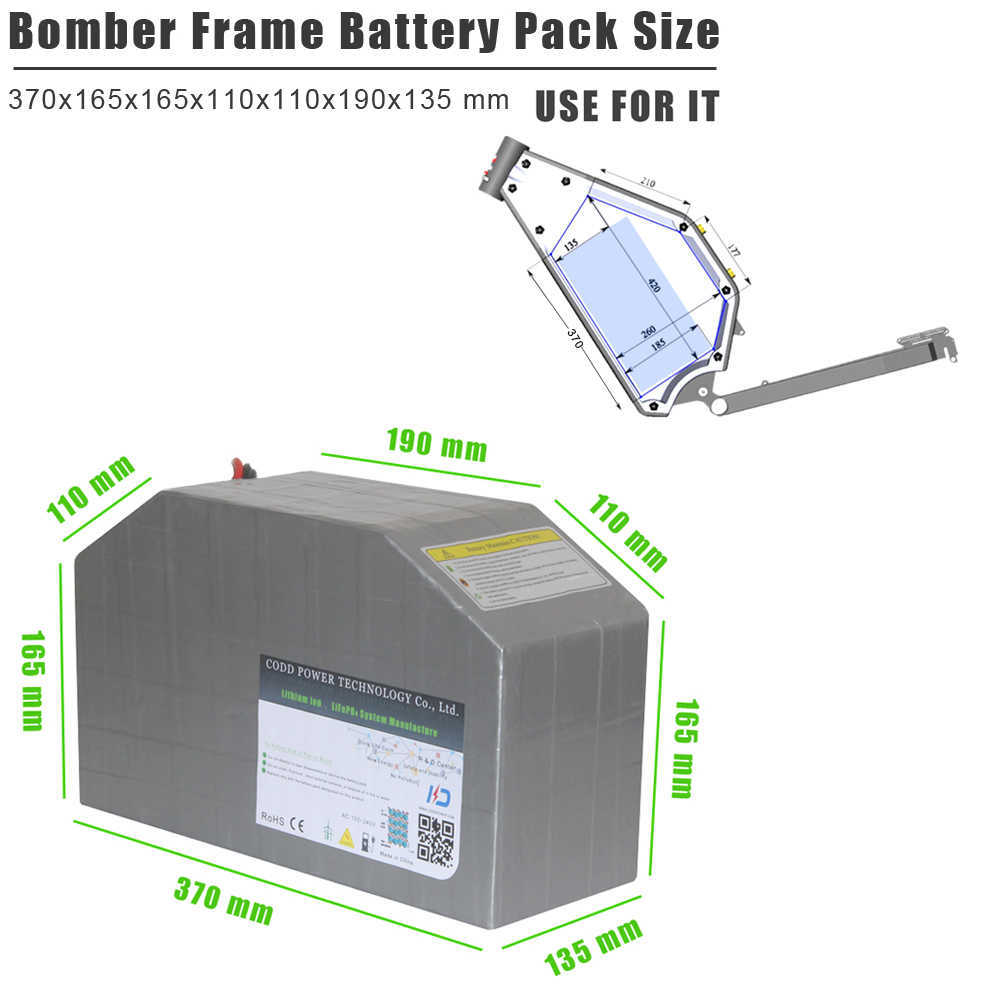 Batería eléctrica del polígono del marco de la bicicleta del bombardero de 72V 60AH con el cargador de 100A/200A Bluetooth BMS 5A