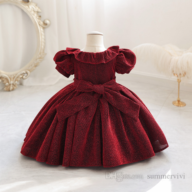 Ins Baby Girls Birthday Party Suknie kulkowe Dzieci Falbala Lapel Puff Sleeve Bels Pas Księżniczka Sukienka Dzieci