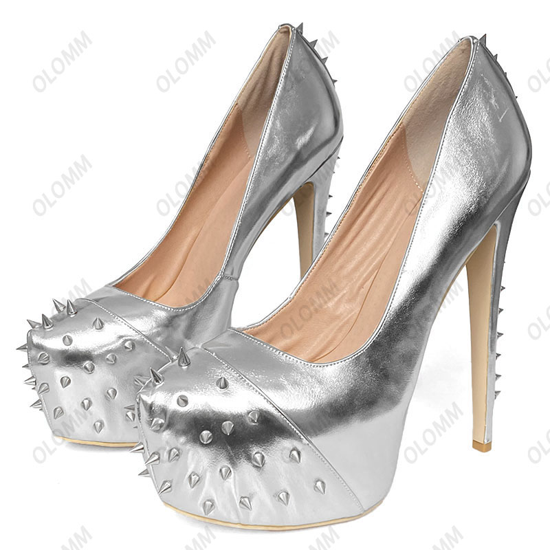 Olomm Hot Women Spring Pumps Stiletto höga klackar runt tå underbara guld silverklubbskor kvinnor oss plus storlek 5-20