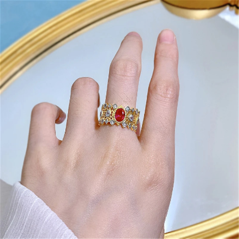 14K Altın Taç Ruby Elmas Yüzük% 100 Gerçek 925 STERLING Silver Party Aly Band, Kadın Nişan Takı Hediyesi için