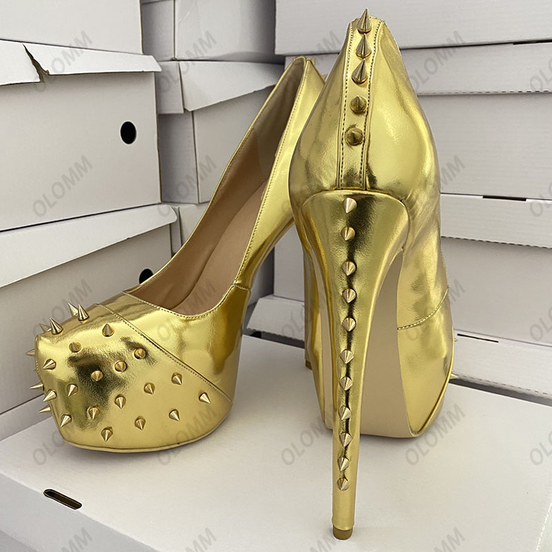 Olomm Hot Women Spring Pumps Stustded Sexy Stileetto High Heill Round Toe Gorgeous Gold Silver Club Shoes Women US Plus Size 5-20
