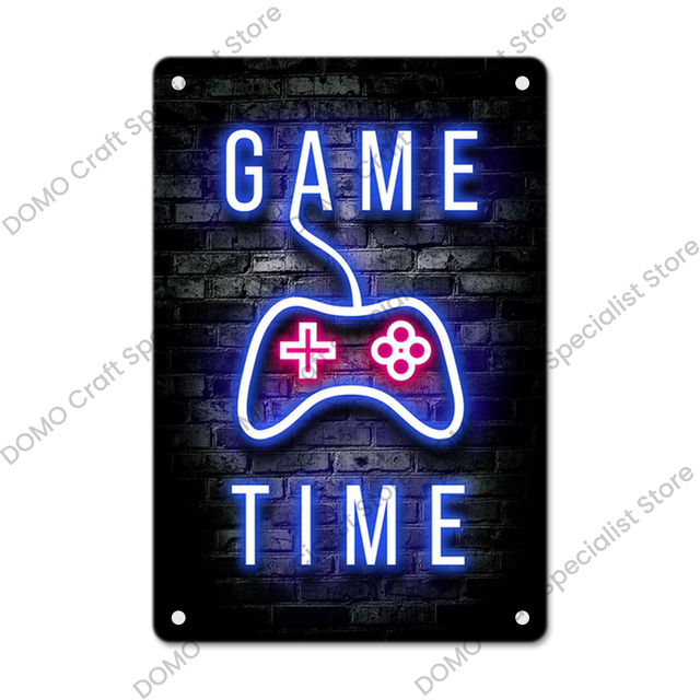 Neon Gaming Gamer Poster Vintage Metal Tin Signs Sleep Game Retro Metal Plaque Wall Art Decor for Boys Girls Playroom Home 30X20cm W03