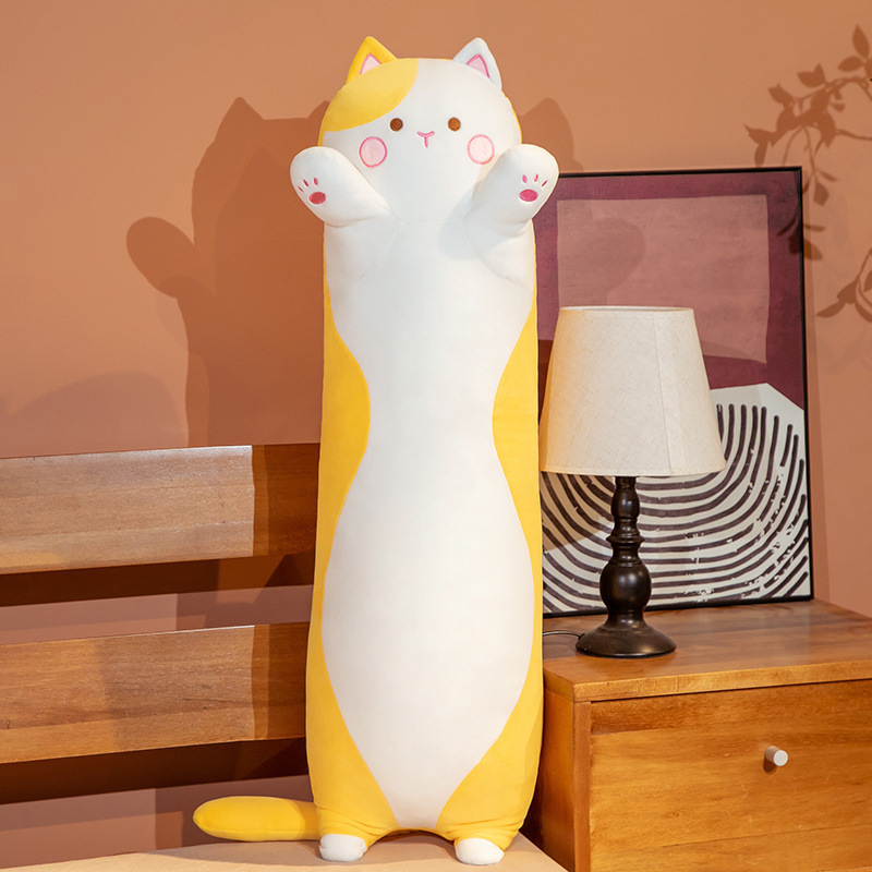 Schattig130 cm lange katten speelgoed elastisch gevulde pluche squishy katten kussen kussen lichtbruin zwart gele druppel verzending groothandel