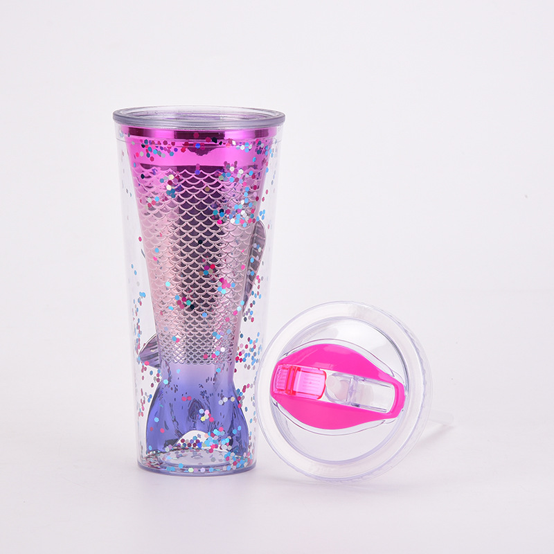 Gobelet en acrylique double couche créatif de 11 oz couleurs dégradées tasse en plastique queue de sirène placage couleur paillettes bouteille d'eau 350 ml