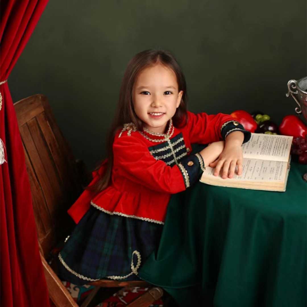 Abiti da ragazza 0-12 anni Bambina Autunno Inverno Verde Plaid Velluto rosso Abito da ballo vintage principessa spagnola Natale Eid causale