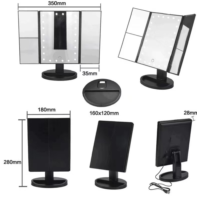 Miroir compact de maquillage, grossissement 2X/3X, miroir de table lumineux à 22 LED avec écran tactile, rotation réglable à 180, miroir cosmétique de voyage portable