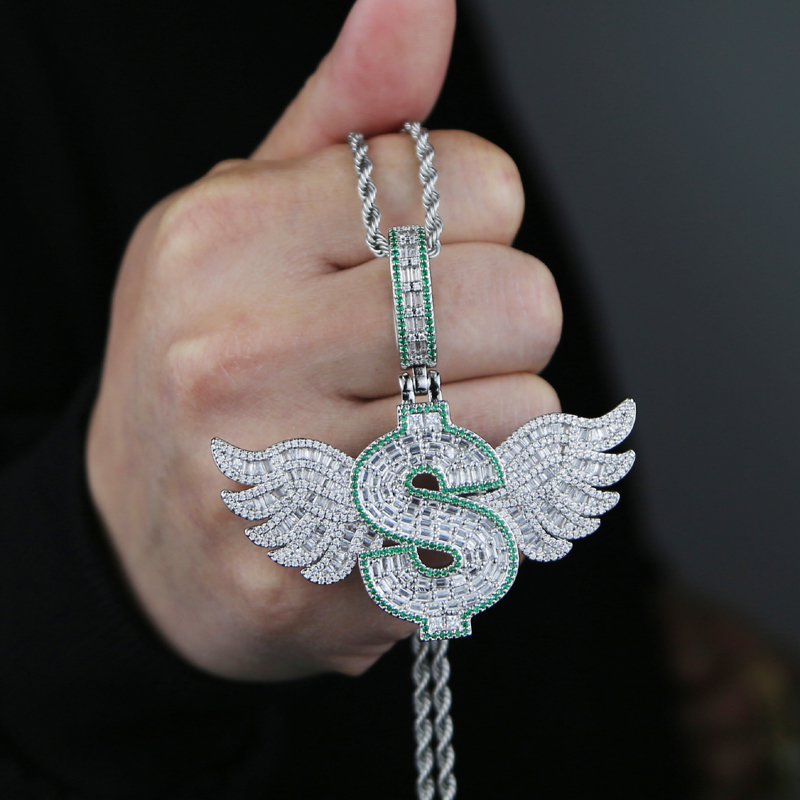 Top Quality Hip Hop Men Jewelry Micro Pave 5A Green White Cubic Zirconia CZ Flying Wing Dollar Pendant