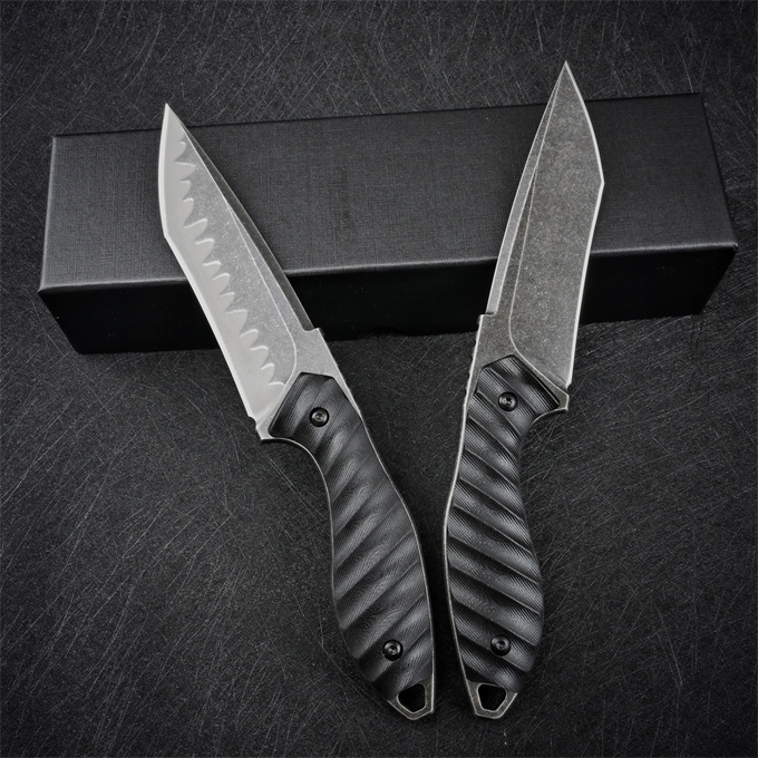 高品質のM2サバイバルストレートナイフZ-Wear Stone Wash/Satin Tanto Blade Full Tang BlackG10ハンドル固定ブレードナイフ付きレザーKydex