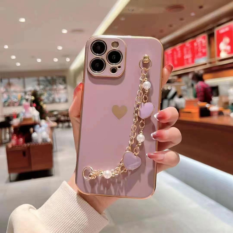 Luxury 6D Love Heart Chromed Cases for iPhone 14 Pro Max 13 12 11 X XR XS 8 7 Plus Fashion Bling Plating Metallic Wrist Chian Strap Pearl Armband Soft TPU Phone Back Cover Cover