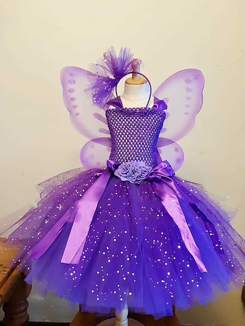 Flickas klänningar flickor lila fjärilsblomma tutu klänning barn glitter tyll klänning boll klänning med vinge barn födelsedagsfest kommer klänningar w0314