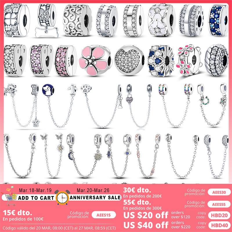 925 Siver Beads Charms för Pandora Charm Armelets Designer för kvinnor Clip Charms Spacer Beads Stopper Pave CZ