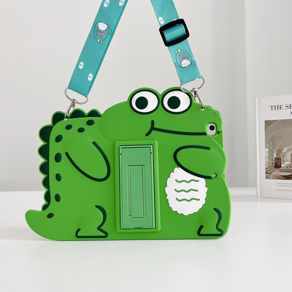 Kinderhülle für iPad, süßes Cartoon-Design mit kleinem Dinosaurier, stoßfeste Silikon-Ständerhülle, Tasche, Tragegurt für iPad 10,2 Zoll, 7., 8., 9. iPad Mini 6, 5, 4, iPad Pro