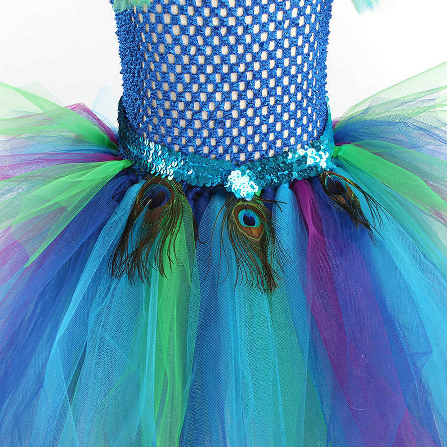 Flickas klänningar påfågel flickor tutu klänning påfågel fjäder cosplay karneval fancy klänning för barn halloween fest purim come småbarn flicka kläder