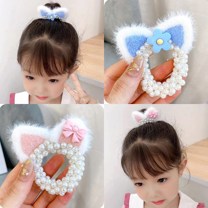 Kot Ear Pearl Hair Rope Dziewczyny Śliczne elastyczne opaski do włosów Akcesoria do włosów Dzieci Flower Cartoon Opaski na głowę ozdoby nakrycia głowy