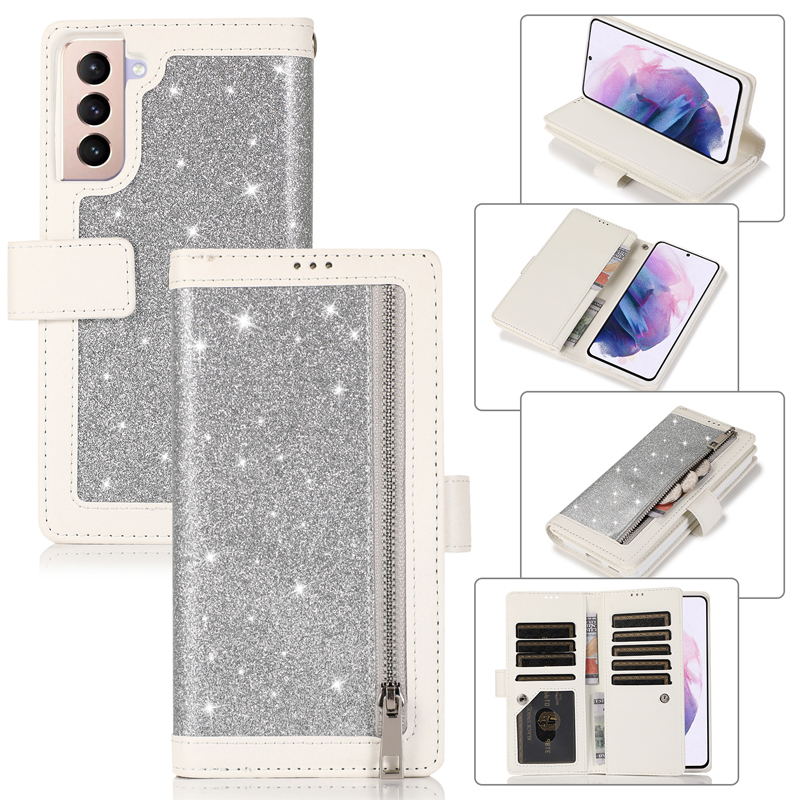 Multifunktionsläderplånbok Fall för Samsung S23 Plus A13 A33 A53 5G S21 S22 iPhone 14 Pro Max 13 Zipper ID 9 -kortplats BLING Glitter Flip Cover Book